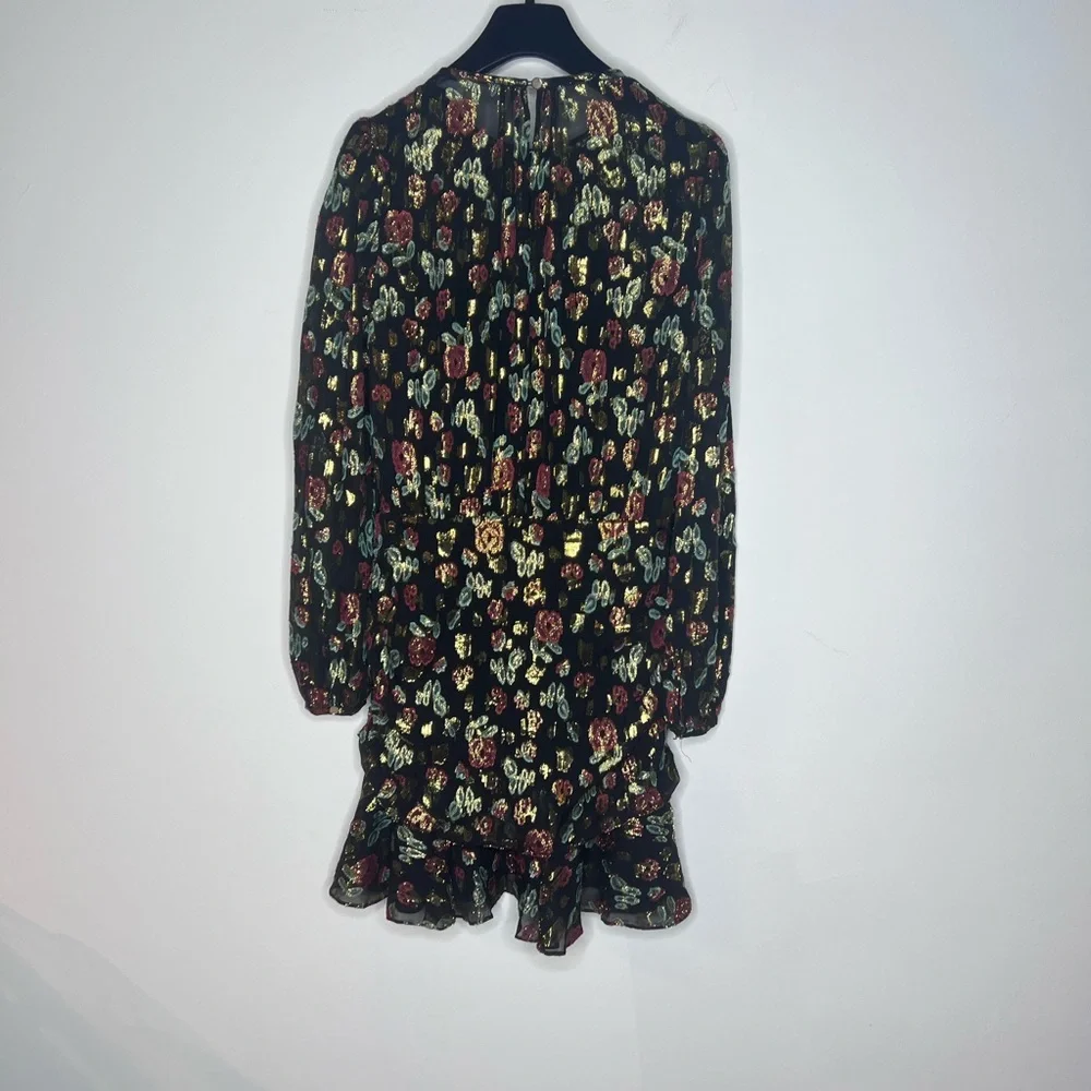 VERONICA BEARD Robin Long Sleeve Metallic Silk Mini Dress Black Floral Sz 2. - Picture 6 of 7